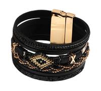FewNvWa Cuff Bracelet PU Wrap Bracelet Beaded Bracelet with Clasp Jewelry Bangle Jewelry Boho for Versatile Looks for Leisure Festivities, Black