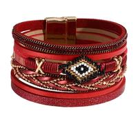 FewNvWa Cuff Bracelet PU Wrap Bracelet Beaded Bracelet with Clasp Jewelry Bangle Jewelry Boho for Versatile Looks for Leisure Festivities, Red