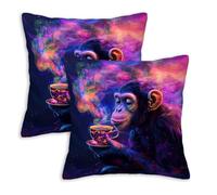 FexNuvko Funny Monkey Throw Pillow Covers 18x18 Set of 2, Coffee Lover Animal Cushion Covers with Psychedelic Galaxy Design, Cool Decorative Pillowcase for Couch Sofa Living Room Dorm Room Decor