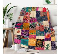 FexNuvko Printed Faux Patchwork Inspired Throw Blanket | Faux Quilt and Kantha Look | Lightweight Floral Fleece for All Seasons | Gifts for Women and Men | Home Decor for Couch and Bed | 50x60 Inches