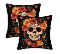 FexNuvko Sugar Skull Throw Pillow Covers 18x18 Set of 2, Day of the Dead Skull Floral Cushion Covers, Gothic Boho Decorative Pillowcase for Sofa Couch Living Room, Halloween Fall Home Decor
