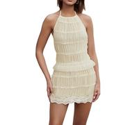 Fexofao Two Piece Skirt Set for Women Summer Beach Outfits Y2k Lace Sheer Mesh Ruched Halter Top Smocked Mini Skirt (Apricot, S)