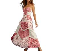 Fexofao Women Floral Sundress, Boho Maxi Patchwork Ruffled Trim Sleeveless Spaghetti Strap V Neck Long Dress for Summer Beach (Red, M)