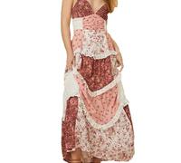 Fexofao Women Floral Sundress, Boho Maxi Patchwork Ruffled Trim Sleeveless Spaghetti Strap V Neck Long Dress for Summer Beach (Light Brown, S)