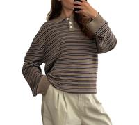 Fexofao Women Oversized Striped Sweater Y2k Rugby Polo Shirt Knit Vinatge Tops Long Sleeve Button Collared Neck Pullover (Khaki, S)