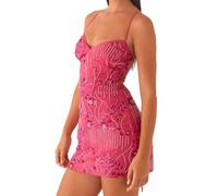 Fexofao Women Sequin Mini Dress, Sexy Sleeveless Backless Deep V Neck Glitter Spaghetti Strap Dress Y2K Party Clubwear (Rose Red, M)
