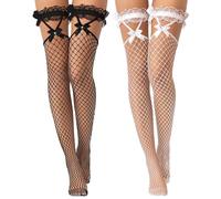 FEXPDL 2 Pairs Black Stockings White Stockings for Women with Bow, Lace Top Fishnet Stockings for Women, Hold Up Stockings for Women, Thigh High Stockings Mesh for Women Cosplay Costumes Daily Gifts