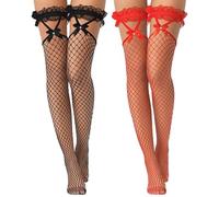FEXPDL 2 Pairs Red & Black Fishnet Stockings for Women, Thigh High, One Size, Lace Top, Bow, Hold Up, Cosplay, Daily Gifts
