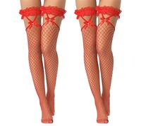 FEXPDL 2 Pairs Red Stockings for Women Lace Top Hold Up Stockings with Bow, Thigh High Red Fishnet Stockings for Women Cosplay Costumes Daily Favors