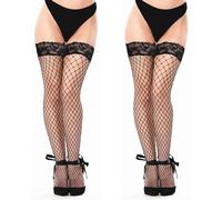 FEXPDL Black Fishnet Stockings for Women - 2 Pairs Fishnet Hold Ups - Lace Stockings (One Size)
