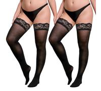 FEXPDL Black Plus Size Stockings 2 Pairs Hold Ups Thigh High Lace Women's Hold-up Stockings