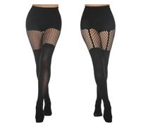 FEXPDL Black Suspender Tights 2 Pairs Opaque Suspender Tights for Women, Mock Thigh High Mesh Fishnets Stockings Fit All for All Diverse Dress Styles Women