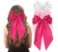 FEXPDL Pink Hair Bow 3PCS Big Bows for Women, Solid Color With Long Silk Ribbon, Clip Soft Satin Silky Hairpin Accessories Cute Gifts for Girls