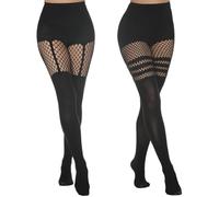 FEXPDL Suspender Tights for Women, 2 Pairs Mock Suspender Stockings, Opaque Fishnet Black Tights