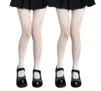 FEXPDL White Lace Tights for Women,2Pairs Patterned Tights for Women UK Lolita Vintage Fishnet Tights Lace Hollow Pantyhose(Milk White/One Size)