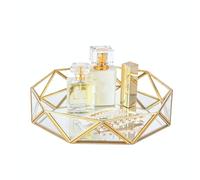 Feyarl Glass Perfume Tray 9.5Inch/24cm Mirrored Tray Gold Cosmetic Makeup Vanity Trays Jewelry Display Ornate Decorative Trays for Home Decor Dresser Tabletop