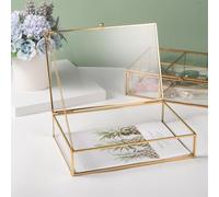 Feyarl Gold Glass Jewelry Trinket Box 5 x 7 Photo Cards Shadow Lidded Boxs Organizer Collection Display Case Decorative Keepsake Box for Home Deco (8.66 x 5.9 x 1.96inch)