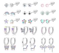 FEYIR 15 Pairs Screw Back Earrings Set for Women Hypoallergenic Surgical Steel Earring Cute CZ Butterfly Star Flower Stud Hoop Dangle ScrewBack Stud Earrings Set, Stainless Steel, Cubic Zirconia