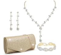 FEYIR Clutch Purse Jewelry Set for Women Evening Bags Silver Gold Rhinestone Crystal Necklace Earrings Bracelet Set Formal Wedding Bridal Accessories Jewelry for Prom, Adjustable, Alloy Steel