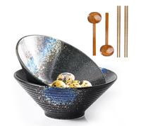 feyiubmen Ramen Ceramic Bowl, 2 Sets Ramen Bowl with Spoon and Chopsticks, Non-Slip Japanese Bowl Tableware for Ramen, Salad, Cereal, 1000 ml, 20 x 20 x 8 cm