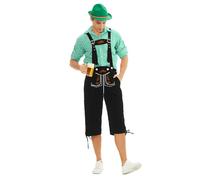 Feynman Men's Oktoberfest Costume Set - Traditional Bavarian Lederhosen with Embroidery (Black/Brown) + Authentic Trachten Shirt (Red/Green/Black) - German Beer Festival Outfit with Leather Look