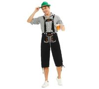 Feynman Men's Oktoberfest Costume Set - Traditional Bavarian Lederhosen with Embroidery (Black/Brown) + Authentic Trachten Shirt (Red/Green/Black) - German Beer Festival Outfit with Leather Look