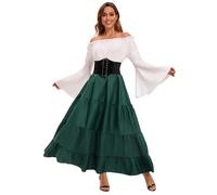 Feynman Women's Retro Medieval Dress with Trumpet Sleeves, Medieval Victorian Queen Dresses, Renaissance Gothic Maxi Dress, Carnival, Halloween, Party, Princess Costume Green