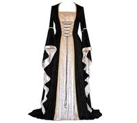 Feynman Women's Retro Medieval Dress with Trumpet Sleeves, Medieval Victorian Queen Dresses, Renaissance Gothic Maxi Dress, Carnival, Halloween Party, Princess Costume, Black, L