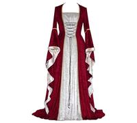 Feynman Women's Retro Medieval Dress with Trumpet Sleeves, Medieval Victorian Queen Dresses, Renaissance Gothic Maxi Dress, Carnival, Halloween Party, Princess Costume Red