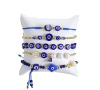 Feyukeu 18K Gold Plated Evil Eye Bracelet Set, Hamsa Hand and Saint Benedict Freshwater Cultured Pearls Spiritual Protection Gift 5 Pieces Adjustable Stacked Beads Jewelry, One Size, Brass, No