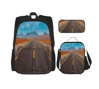 FEYUNYAN 3-Piece Backpack Set, Water-Resistant Schoolbag, Insulated Lunch Bag, Large Capacity Pencil case, Highway Road in The Desert Landscape School Bags for Travel Office, 3-in-1 Backpack Set