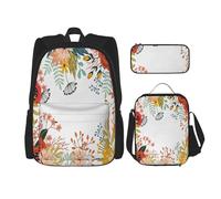 FEYUNYAN 3-Piece Backpack Set, Water-Resistant Schoolbag, Insulated Lunch Bag, Large Capacity Pencil case, Summer Flowers Botanical School Bags for Travel Office, 3-in-1 Backpack Set