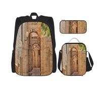 FEYUNYAN 3-Piece Backpack Set, Water-Resistant Schoolbag, Insulated Lunch Bag, Large Capacity Pencil case, Architecture Streets Houses School Bags for Travel Office, 3-in-1 Backpack Set