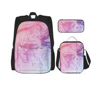 FEYUNYAN 3-Piece Backpack Set, Water-Resistant Schoolbag, Insulated Lunch Bag, Large Capacity Pencil case, Colorful Marble Pastel Pink Blue Purple School Bags for Travel Office, 3-in-1 Backpack Set