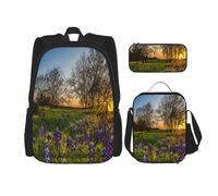 FEYUNYAN 3-Piece Backpack Set, Water-Resistant Schoolbag, Insulated Lunch Bag, Large Capacity Pencil case, Lavender Meadow at Sunset Spring School Bags for Travel Office, 3-in-1 Backpack Set