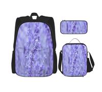 FEYUNYAN 3-Piece Backpack Set, Water-Resistant Schoolbag, Insulated Lunch Bag, Large Capacity Pencil case, Purple Lavender Colored Flowers School Bags for Travel Office, 3-in-1 Backpack Set