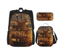 FEYUNYAN 3-Piece Backpack Set, Water-Resistant Schoolbag, Insulated Lunch Bag, Large Capacity Pencil case, Fantasy Pirate Ship School Bags for Travel Office & Outdoor Activities, 3-in-1 Backpack Set
