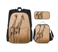 FEYUNYAN 3-Piece Backpack Set, Water-Resistant Schoolbag, Insulated Lunch Bag, Large Capacity Pencil case, Two Giraffe Running on The Barren School Bags for Travel Office, 3-in-1 Backpack Set