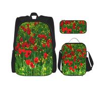 FEYUNYAN 3-Piece Backpack Set, Water-Resistant Schoolbag, Insulated Lunch Bag, Large Capacity Pencil case, Red Poppy Field Farm Meadow Landscape School Bags for Travel Office, 3-in-1 Backpack Set