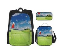 FEYUNYAN 3-Piece Backpack Set, Water-Resistant Schoolbag, Insulated Lunch Bag, Large Capacity Pencil case, Golf Field Flag in The Hole School Bags for Travel Office, 3-in-1 Backpack Set