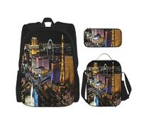 FEYUNYAN 3-Piece Backpack Set, Water-Resistant Schoolbag, Insulated Lunch Bag, Large Capacity Pencil case, Las Vegas Night View School Bags for Travel Office & Outdoor Activities, 3-in-1 Backpack Set