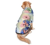 FEYUNYAN Cozy Fleece-Lined Hoodie With Hidden Leash Hole & Pocket For Medium Large Dogs, Blue Butterfly Flowers, Pet Hooded Sweatshirt, Winter Dog Clothes For Outdoor Walks