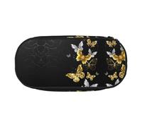 FEYUNYAN Large Capacity Pencil Case Aesthetic Spill-Proof Canvas Pencil Pouch With Zipper Gold White Butterflies Black Pencil Case For Women Men Lightweight Portable Stationery Bag For Students Travel