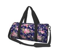 FEYUNYAN Large Capacity Round Duffel Bag, Navy Blue Base Floral, Spacious Travel Tote with Adjustable Strap, Water-Resistant Gym Bag for Sports, Beach, Weekend Trips
