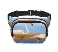 FEYUNYAN Large Square Waist Pack, Double-Layer Crossbody Fanny Pack, Water-Resistant Twill Bag with Adjustable Belt & Anti-Theft Pocket for Hiking, Cycling, Pink Flamingo in Water, 23x16cm