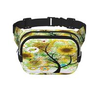FEYUNYAN Large Square Waist Pack, Double-Layer Crossbody Fanny Pack, Water-Resistant Twill Bag with Adjustable Belt & Anti-Theft Pocket for Hiking, Cycling, Floral Tree Sunflowers Butterflies, 23x16cm