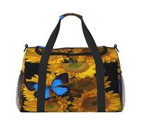 FEYUNYAN Large Tote Bag with Adjustable Strap, Water-Resistant Travel Duffel with Anti-Slip Handles, Yellow Sunflowers Blue Butterflies Heavy-Duty Crossbody Bag for Gym, Weekend Trips & Outdoor Sports