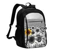 FEYUNYAN Large USB Charging Travel Backpack, 40L Anti-Theft Laptop Backpack for Men & Women, black and white sunflowers Multi-Pocket Hiking Pack, Water-Resistant School Bag for Work, Hiking & Camping