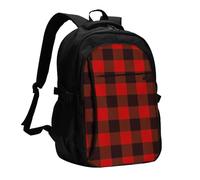 FEYUNYAN Large USB Charging Travel Backpack, 40L Anti-Theft Laptop Backpack for Men & Women, Plaid Red Black Multi-Pocket Hiking Pack, Water-Resistant School Bag for Work, Hiking & Camping