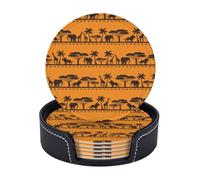 FEYUNYAN Leather Drink Coasters Set Of 6, Pu Leather Round Coaster With Storage Box, African Animals, Drink Coasters For Dining Table Office Decor, Heat-Resistant Round Beverage Pads For Home Kitchen